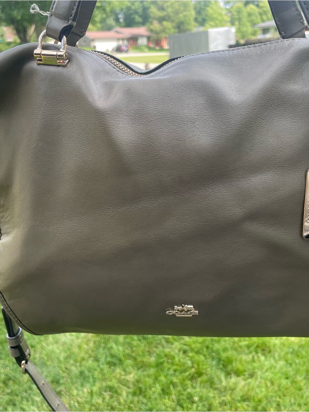 Coach Olive Leather Duffel Tote with Silver Hardware